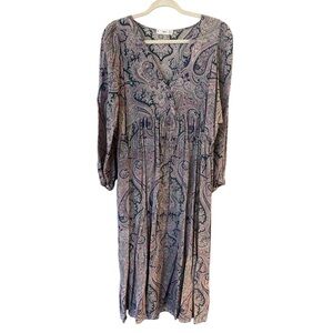 MANGO V-neck balloon sleeves, paisley midi dress. Lavender and blue colors Sz 10